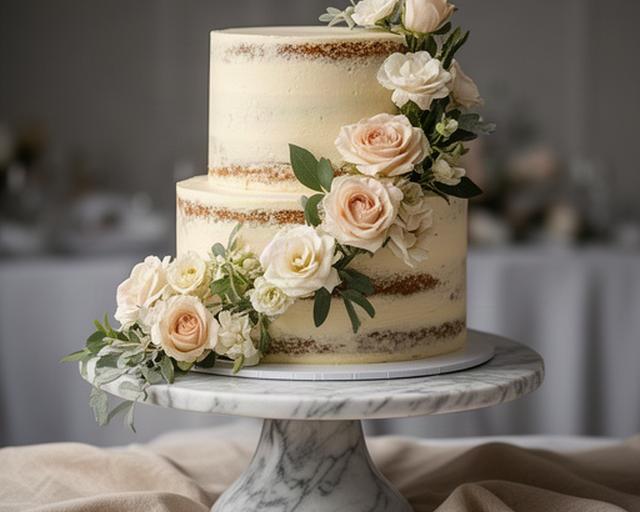Hand-decorated two-tier semi-naked wedding cake with fresh flowers on a marble stand in Solihull